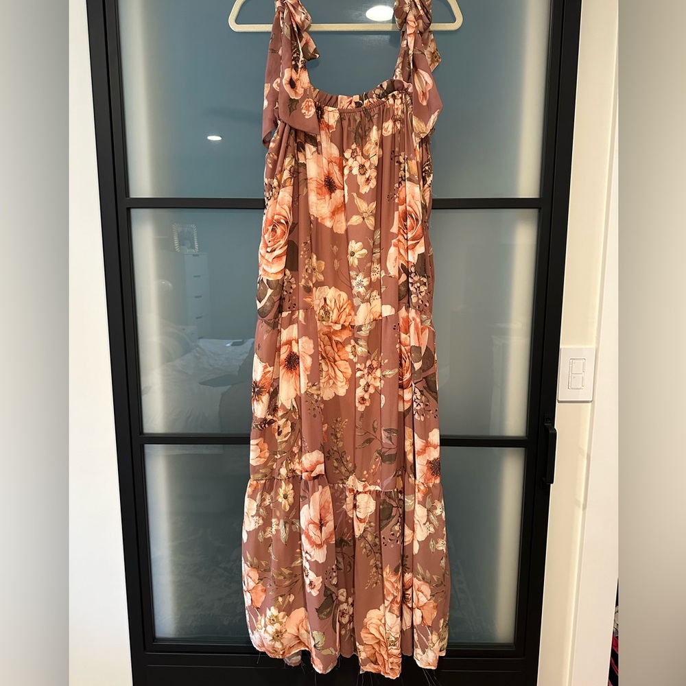 Mocha floral print chiffon maxi dress